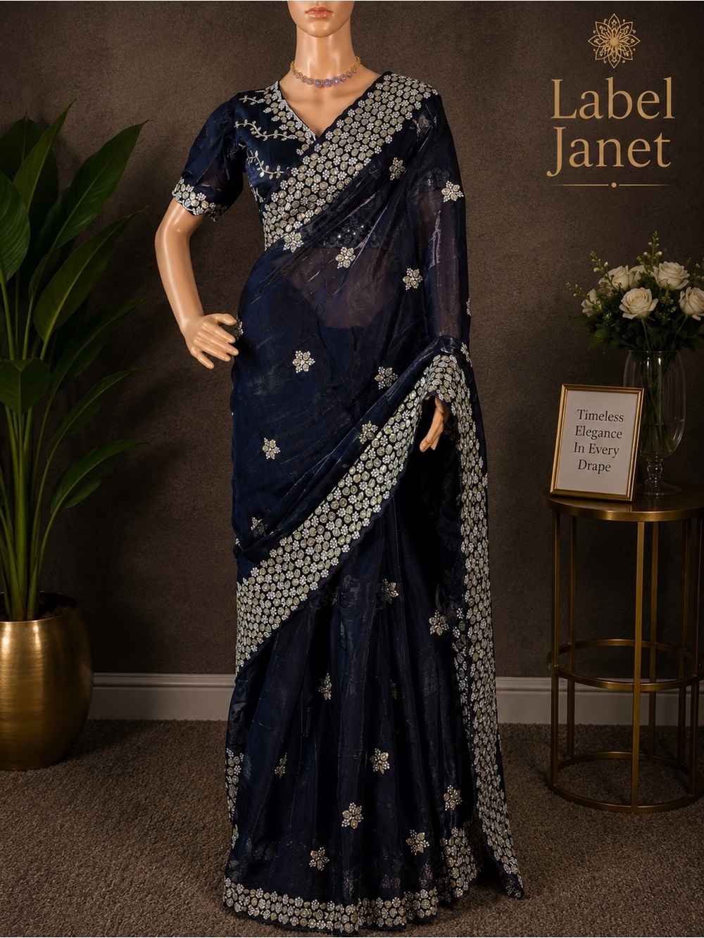 Embellished Navy Blue Saree with  Floral Accents  & stitched blouse(Brand new)